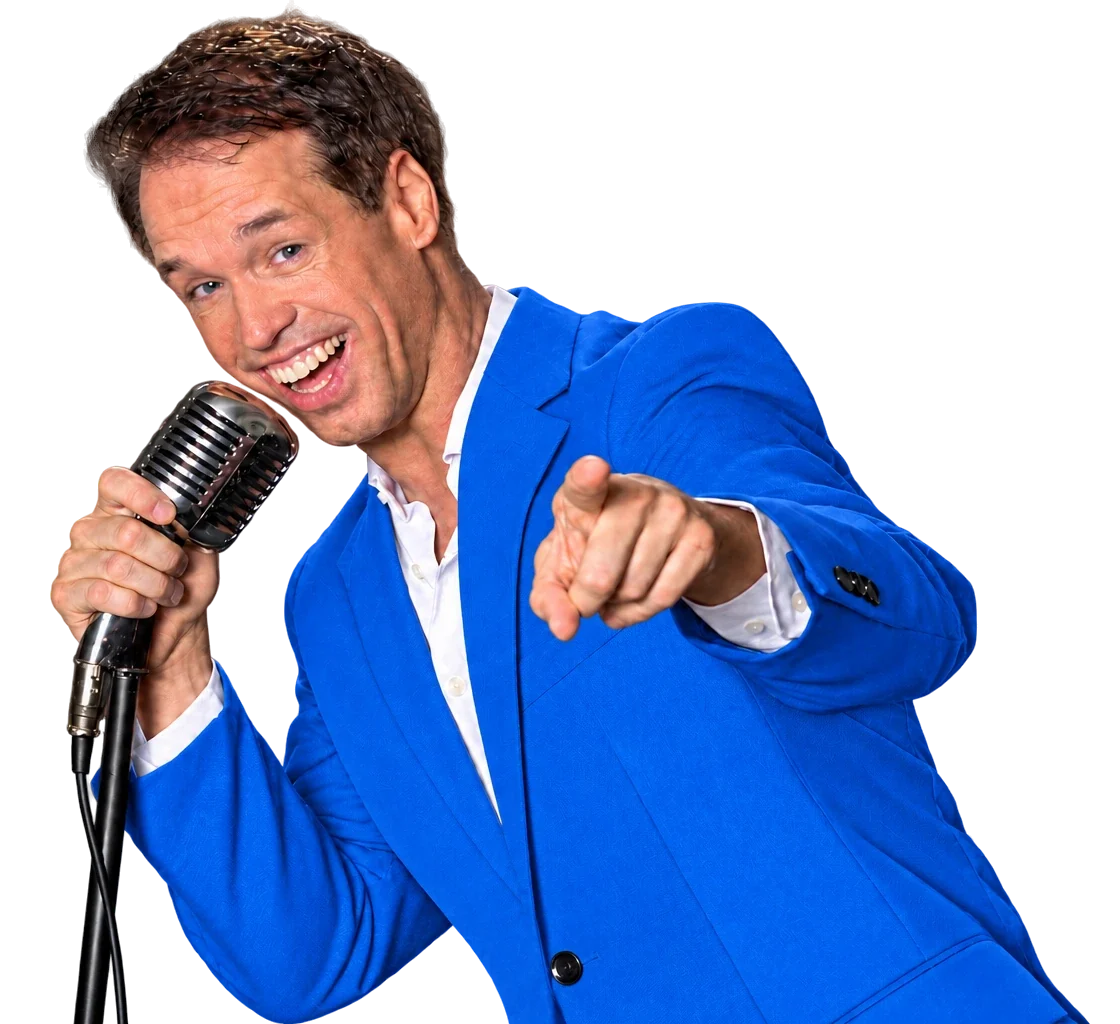 Dave van de Dam in een felblauw pak
