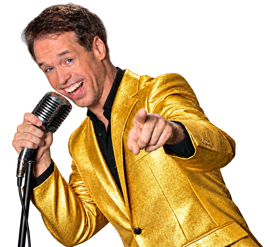 Dave van de Dam in een goud pak