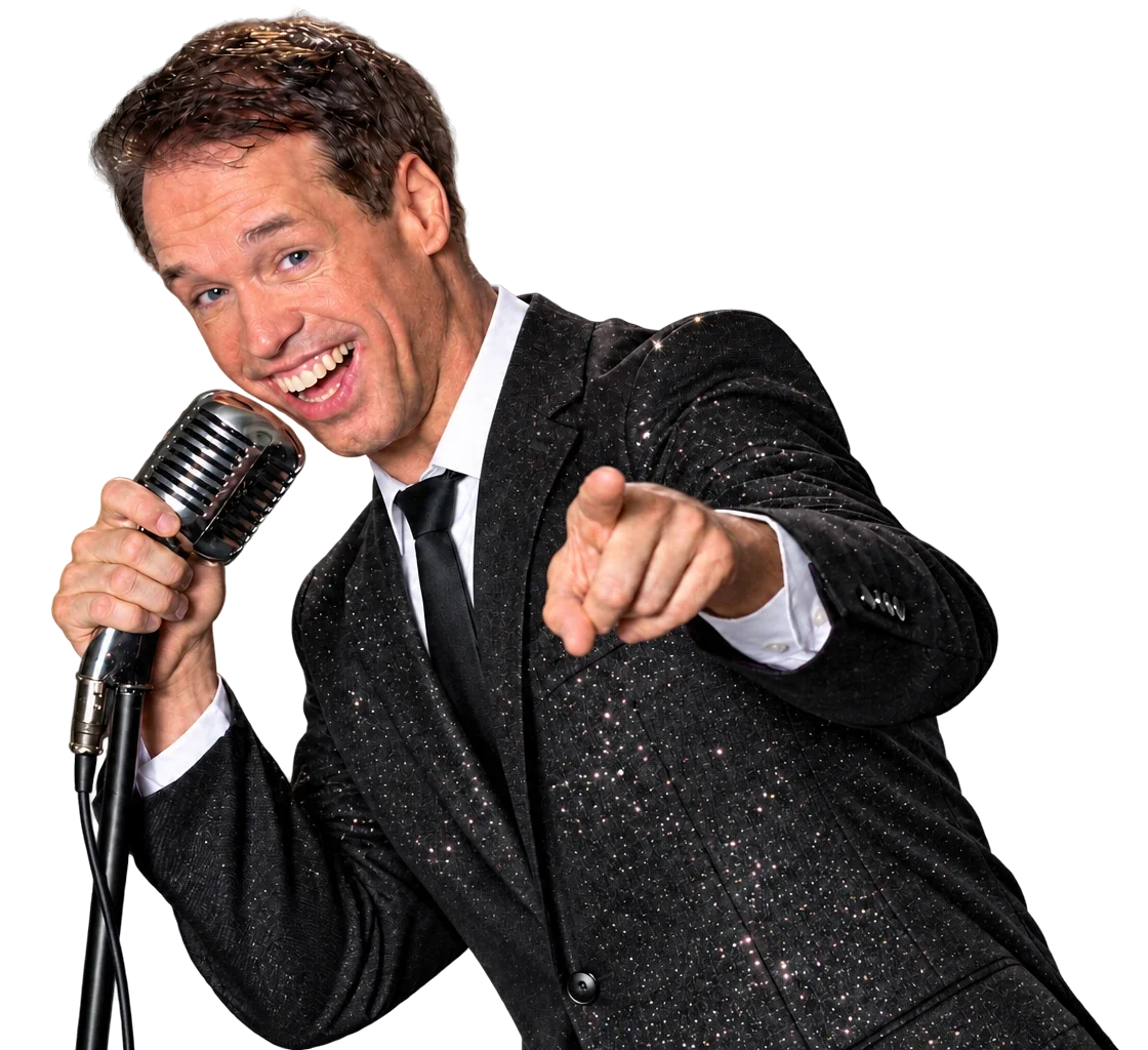 Dave van de Dam in een zwart glitter pak